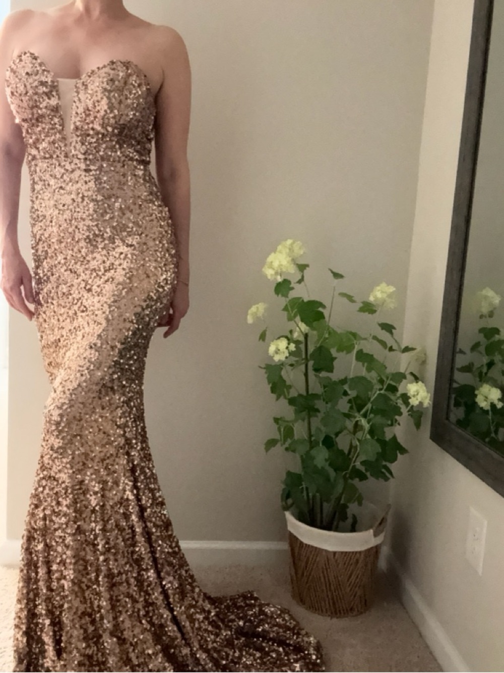 Fashion Nova Rose Gold Sequin Strapless Gown